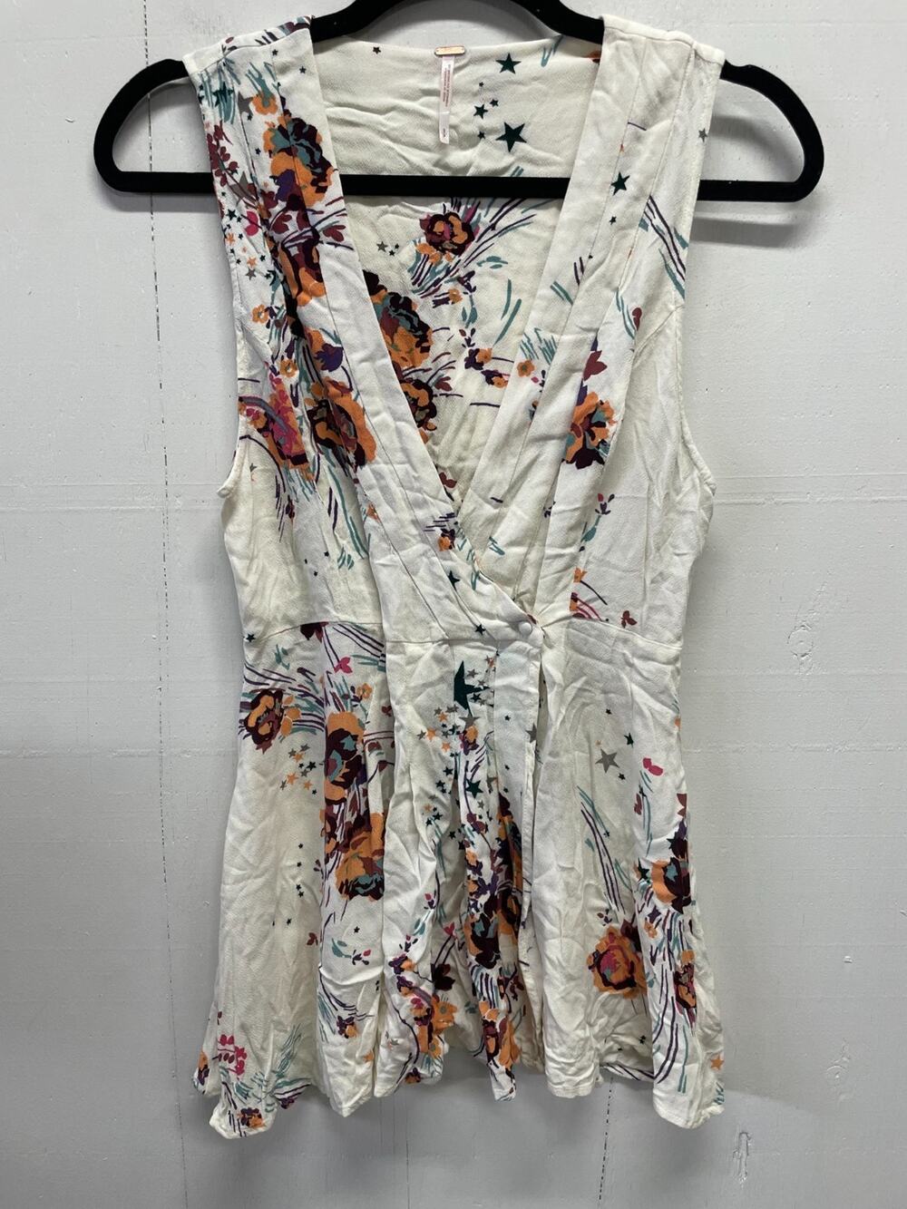 Free People Women's Sleeveless Top Small Ivory Floral Pattern - Deep V Neck